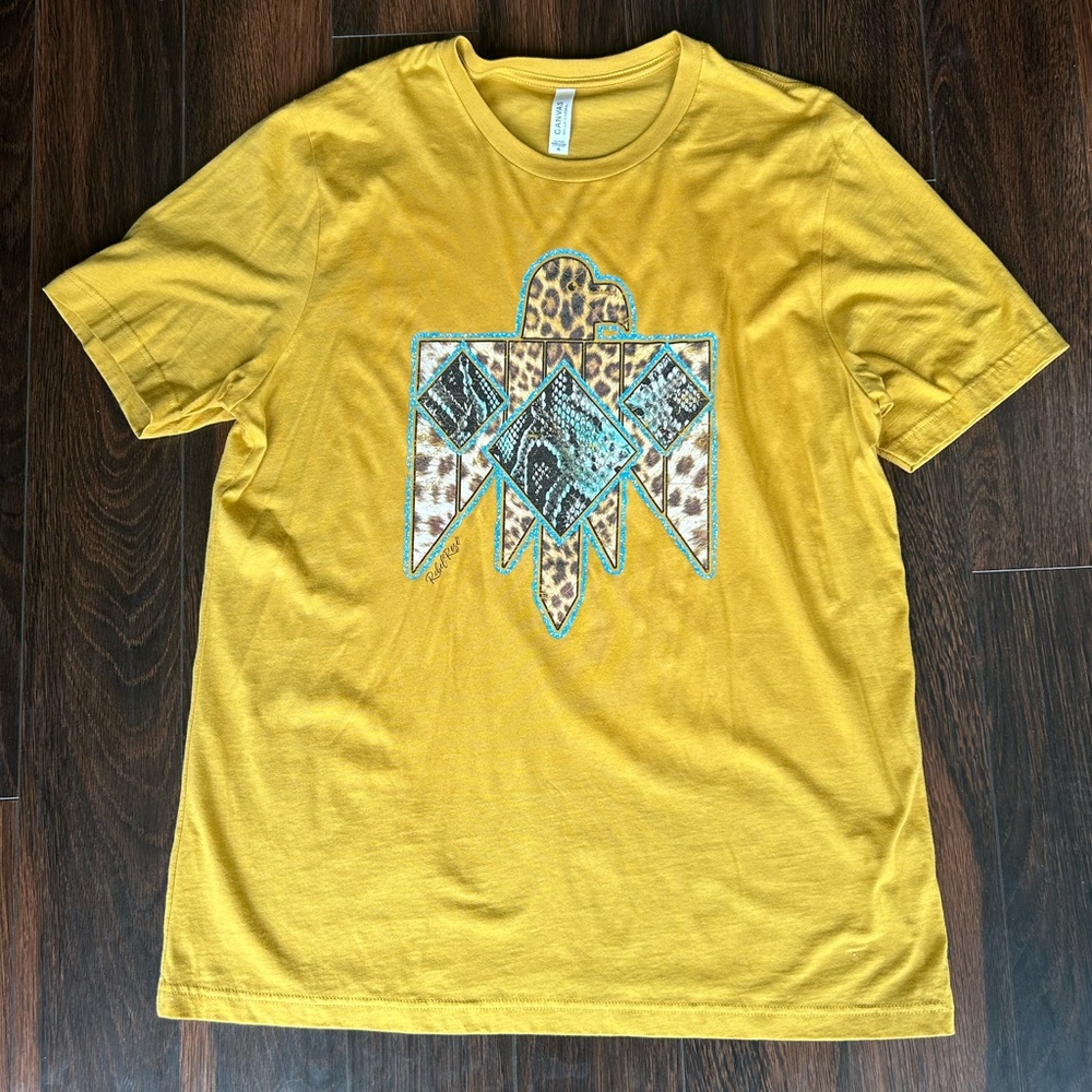 Canvas Rebel Rose mustard gold tee with native /animal print design XL